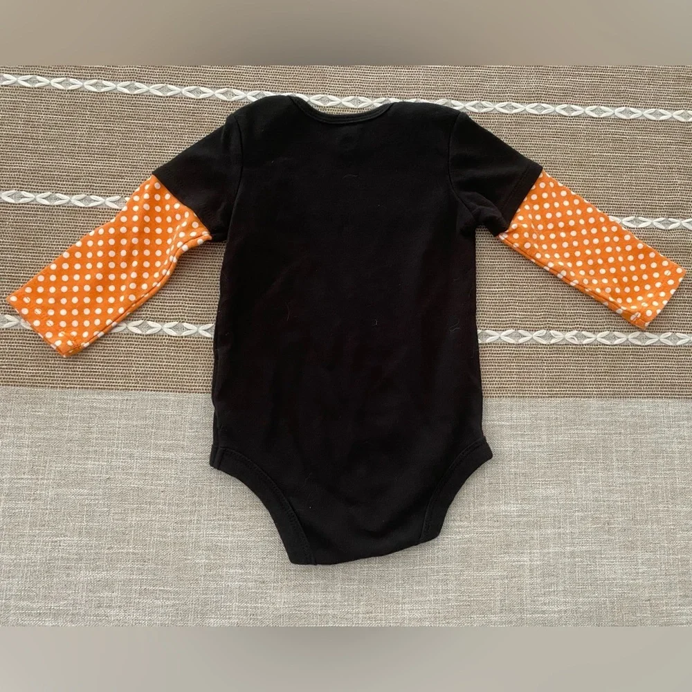 Black Cat One Piece Bodysuit with Orange Polka Dot Sleeves 18m